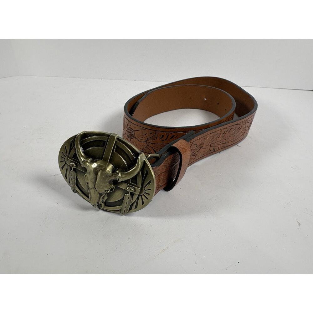 Western Longhorn Skull Belt Brown Embossed Faux Leather 38inch Cowboy